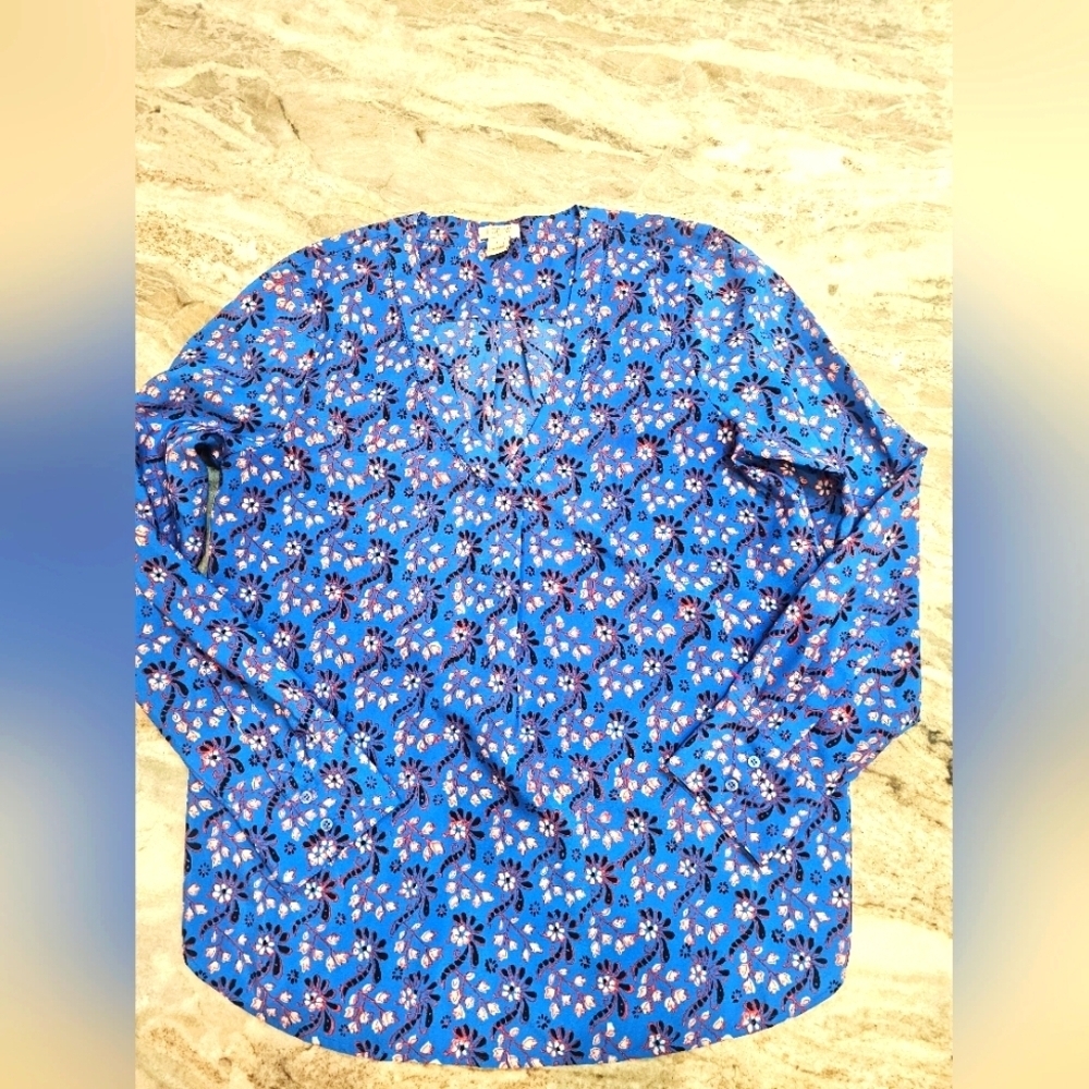 J.Crew Floral Blouse F3802 Small Blue Red Long Sleeve V-Neck FA16